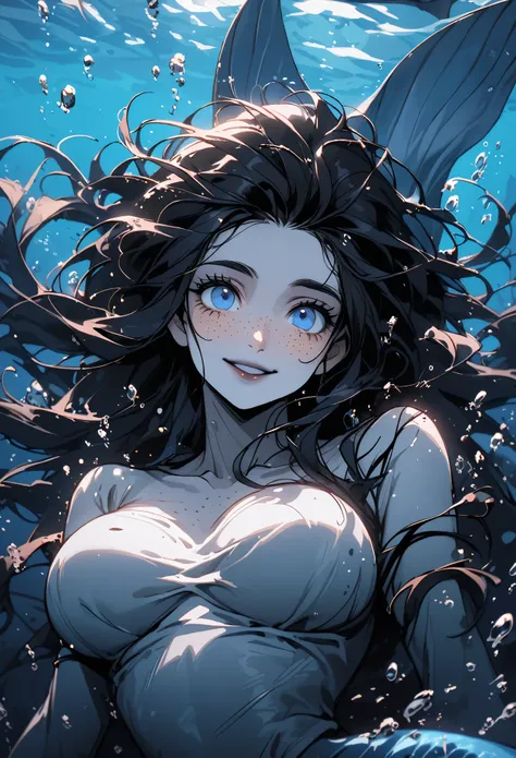 solo, female mermaid, dolphin mermaid, close up, long messy black hair, underwater, blue eyes, very large breasts, grey skin, lo...