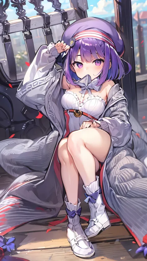 nsfw,helena blavatsky\(fate/grandorder\)、purple hair、short hair、（purple eyes：1.1）、shoulder bare、belt、beret、ribbon、- detachable c...