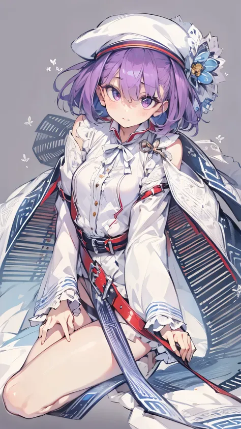 nsfw,elena blavatsky\(fate/grandorder\)、purple hair、short hair、（purple eyes：1.1）、shoulder bare、belt、beret、ribbon、- detachable co...