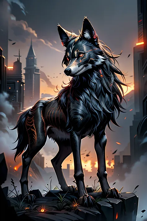 black maned wolf,eerie glowing red eyes, long legs,stark,intimidated,standing on a cliff,overcast day, wild animal ,quadruped