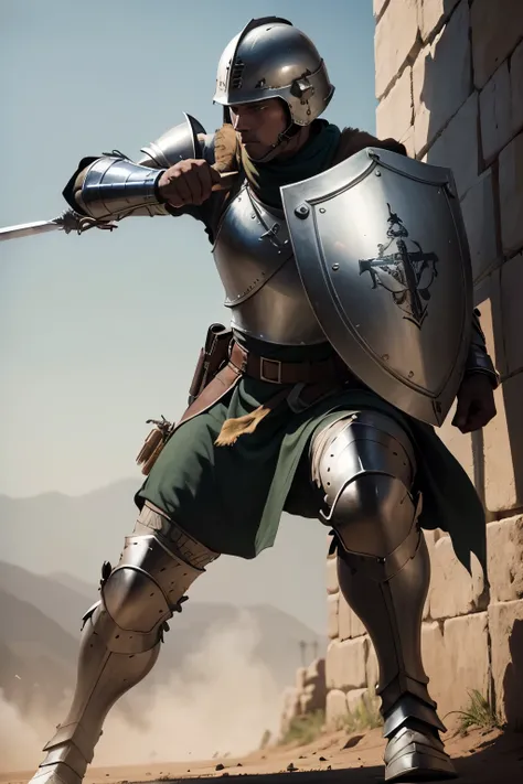 a soldier wearing medieval armor, in combat position, wielding a sword in one hand and a shield in the other,