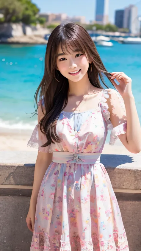 Japanese girl、Beautiful young woman with a charming smile, Wearing delicate clothes, Colorful lace camisole decorated with floral patterns. Bold Pose、whole body、She has been a long time, Flowing hair styled with accessories, Gives a cute and playful look. ...