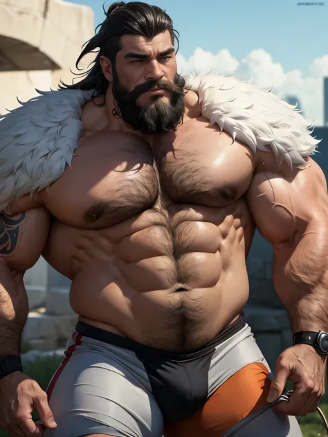 A burly, virile, and hairy dragon, exuding the irresistible charm of a himbo muscle daddy. His middle-aged features, adorned by a long, bushy beard and a thick mustache, reveal a life of experience and adventure. His body, sculpted  into a warriors build a...