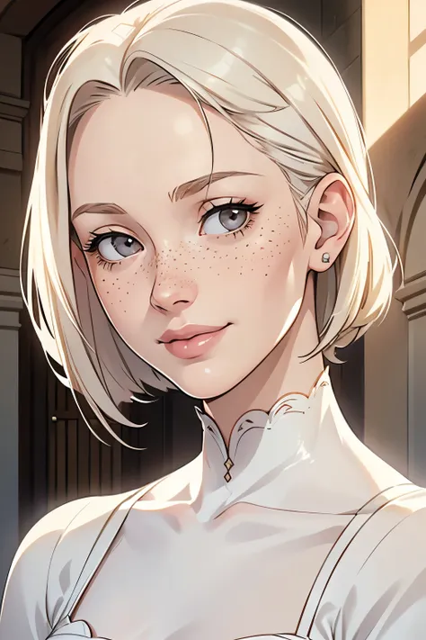 Woman, americana, age 25, pale skin and freckles, gray eyes, delicate nose, soft and delicate lips, far away, cabelo blondie far away e ondulado na altura da cintura, sweet smile, face with delicate feminine facial features, highly rendered, in Florence