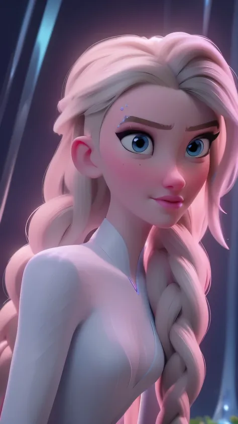Elsa, (perky breasts), (((small breasts))), smirk:1.2, beautiful blue eyes, (perfect iris’s), depth of colour to her eyes, blonde hair, long hair, braid, full lips, blush, naked, she is showing her vagina, depth of field, bokeh, (special attention to skin ...