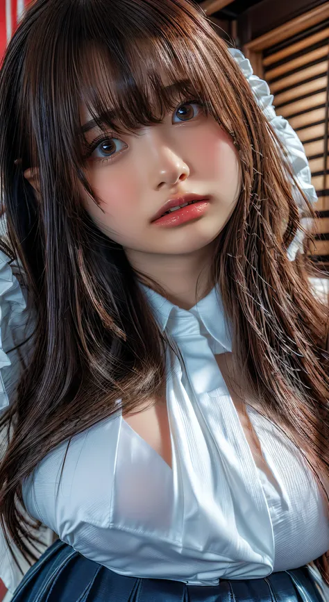 (Highest quality、Tabletop、、Best image quality、Award-winning works)、Extremely cute and lewd high school girl、White polyester collared shirt ripped because her breasts were too big、Short sleeve:1.4)、(Navy Pleated Skirt:1.1)、Girl portrait photography、Glowing ...