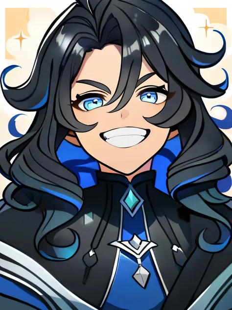 solo boy, Bblack hair, blue colored eyes, wearing blue clothes, genshin impact captura de tela, Grinning, curly hair