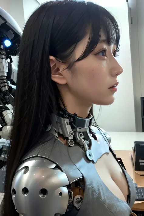 masterpiece, best quality, extremely detailed,  Japaese android girl,Plump , control panels,android,Droid,Mechanical Hand, Robot arms and legs, Black Robot Parts,Black hair,Mechanical body,Blunt bangs,White robotics parts,perfect robot girl,future informat...