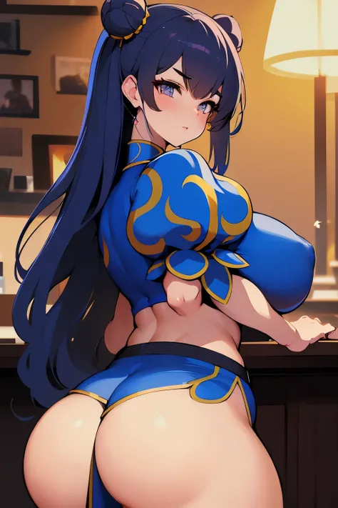 A girl, Chun Li, voluptuous, big thighs, hard nipples, thick eyebrows, big butt, big waist, big breasts, very happy, office worker in short clothes, sexy, masterpiece,