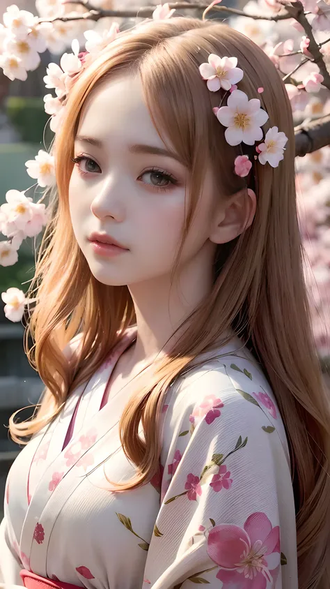 Beautiful girl in kimono, Japanese style anime, Cherry blossom garden background, beautiful face, Big eyes,Big eyes, Long eyelashes like an angel, long golden hair, Flower petals floating around, (best quality,4K,8ก,height,Masterpiece:1.2),Very detailed,(r...