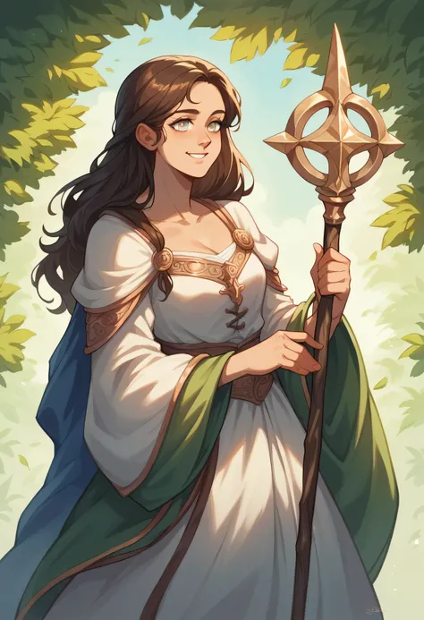 young woman, mage, age 19, dark brown hair, blind with white eyes, average build, smiling, holding a magical staff, wearing flowing robes, medieval fantasy, comics seinen stylessy 