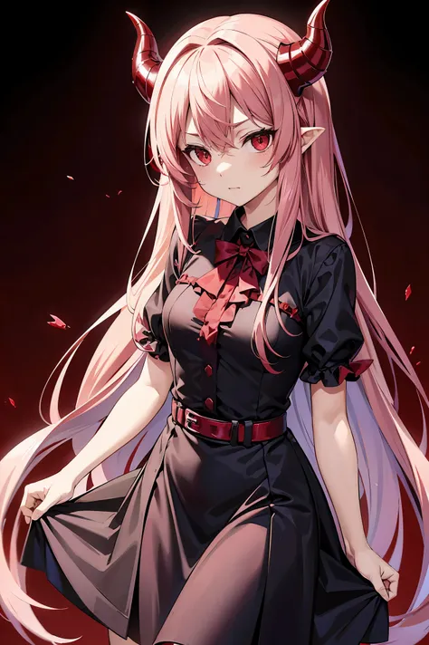  Remilia Scarlet、 hair,Red eyes,long hair,demon horns,his suit,Girl body type,There he is.,There was a little blood on the body.,8K short sleeve dress style shirt