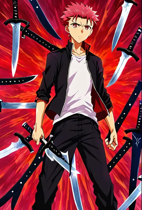 1boy, solo, red hair, Shirou Emiya, fate stay night, black trousers, White T-shirt, black jacket, casual look, stands surrounded by swords