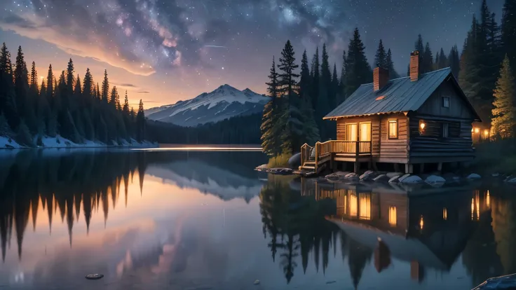 "In the heart of the forest, Lucas finds a crystal-clear lake, its waters reflecting the starry sky. Beside the lake, an old wooden cabin emits a soft light through the window. Lucas approaches cautiously, holding the golden key, feeling that he is about t...