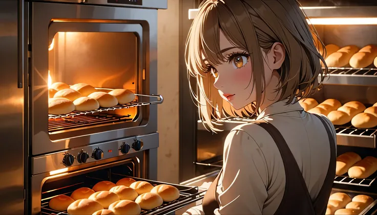 a serious girl in a bakery kitchen, (looking at the built-in oven filled with bread dough:1.2),back shot, short hair, beautiful detailed eyes, beautiful detailed lips, extremely detailed eyes and face, long eyelashes, warm lighting, animetic, 8k, high qual...