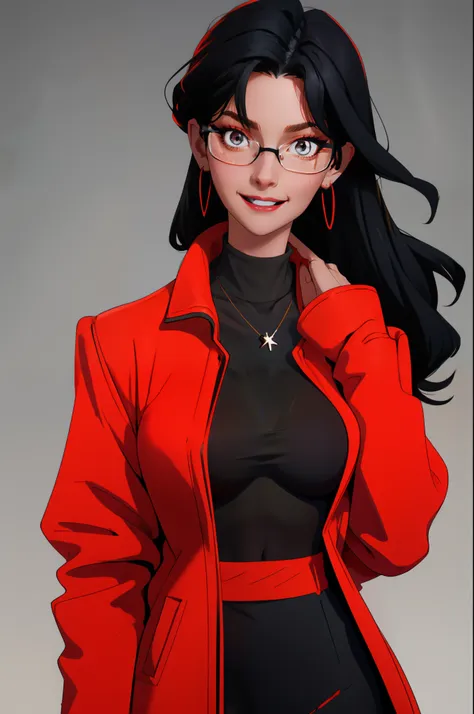 masterpiece, best quality, black hair, glasses, necklace, earrings, red sweater, turtleneck, labcoat, black miniskirt, large breasts, upper body, looking at viewer, doctors office, smile, mischievous,