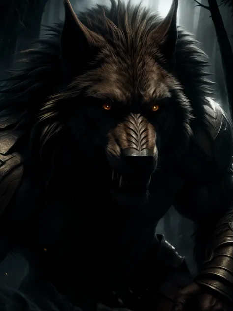 A Photograph of a formidable werewolf warrior, captured in a dynamic, close-up shot that showcases its raw power and untamed nature. The composition should emphasize the warriors muscular physique, with intense expression in its eyes. Employ a high contras...