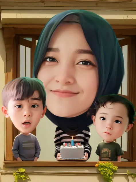 a close up of a hijab woman, Carrying a birthday cake and beside it two boys, full protrait, realism artstyle, inspired by Nil Gleyen, nft portrait, fanart, portait photo profile picture, kawaii realistic portrait, in cartoon style, inspired by JoWOnder, p...