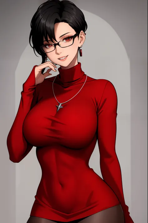 masterpiece, best quality, black hair, glasses, necklace, earrings, red sweater, turtleneck, labcoat, black miniskirt, large bre...