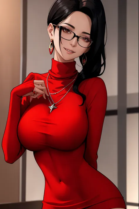 masterpiece, best quality, black hair, glasses, necklace, earrings, red sweater, turtleneck, labcoat, black miniskirt, large bre...