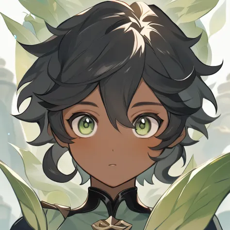 genshin impact art, bust and face image in focus, perfect image, maximum quality, detailed, male, young boy, short and curly hair, black hair, brown skin, green eyes, green clothes 