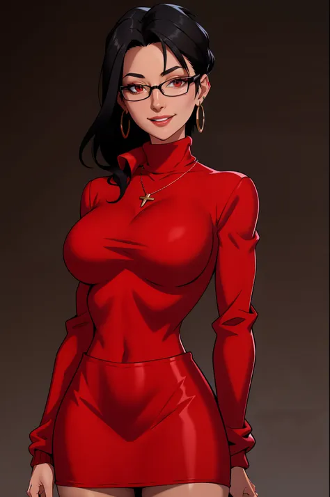 masterpiece, best quality, black hair, glasses, necklace, earrings, red sweater, turtleneck, labcoat, black miniskirt, large bre...