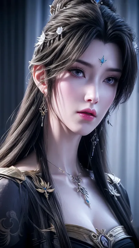 A busty woman、Close-up of a woman with very long hair, 4K detail fantasy, Movie goddess close up shot, Extremely detailed photos of the goddess, Super detailed fantasy characters, Portrait of the Knights of the Zodiac, Beautiful fantasy queen, 2. 5D CGI an...