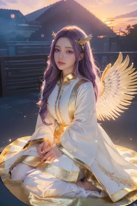 ((Masterpiece, best quality, very detailed), Volumetric light, surrounding occlusion, colorful, glow),
1 woman, alone, young girl, (purple hair), long hair, radius, Aura, sacred, goddess, Priest uniform, (White dress with gold decorations:1.3), angel wing...