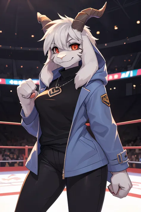 woman, young adult, alone, in an arena, hairy, goat, anthropomorphic goat, Asriel, Undertale ((Asriel Dreemurr)), average breasts, big ass, average hips, perfect body, tall, ((long hair, long white hair ), black eyes ((black sclerae), reddish pupils, ((sli...