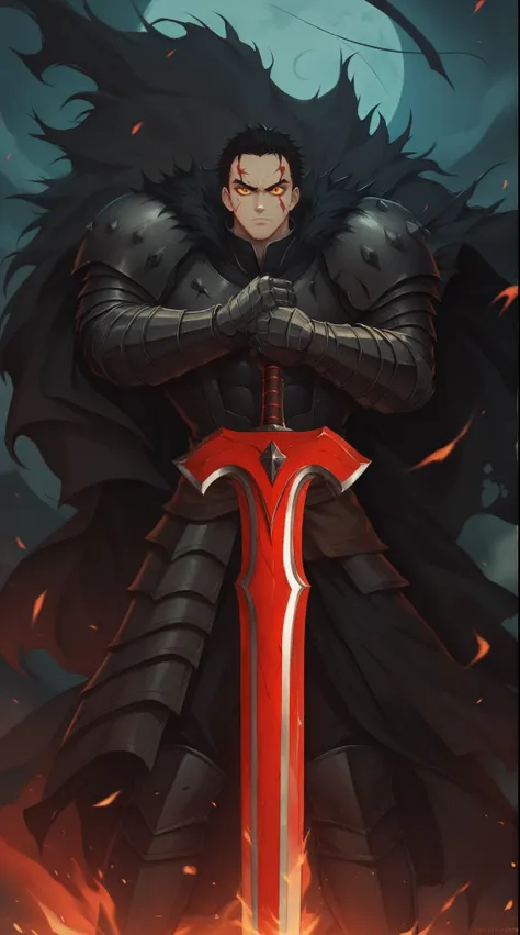 a painting of a man in armor holding a sword in front of a fire, handsome guy in demon slayer art, badass anime 8 k, by Yang J, anthropomorphic raven knight, demon slayer artstyle, berserk art style, demon slayer rui fanart, epic fantasy art style, berserk...