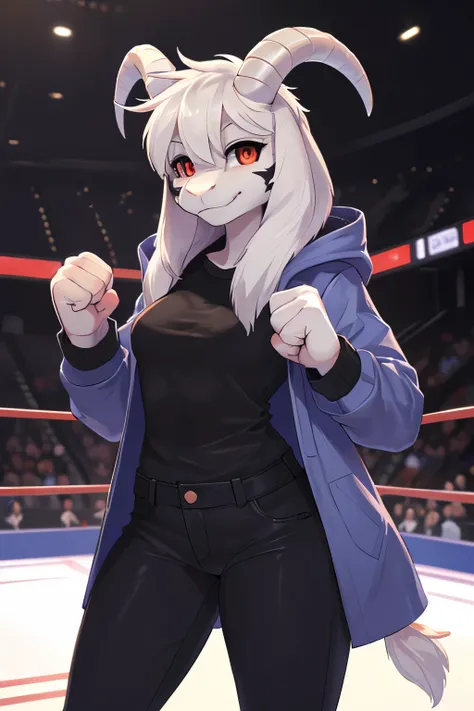 woman, young adult, alone, in an arena, hairy, goat, anthropomorphic goat, Asriel, Undertale ((Asriel Dreemurr)), average breasts, big ass, average hips, perfect body, tall, ((long hair, long white hair ), black eyes ((black sclerae), reddish pupils, ((sli...