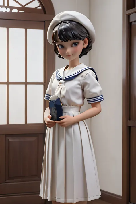 (Porcelain Doll)、(Ceramic figure)、(One girl、high school student)、(natural standing posture)、(Show your whole body)、(Smaller head:1.2)、Detailed facial depiction、A kind smile、Short Hair、White Beret、(White Sailor Suit Dress)、Navy blue sailor collar、(White lon...