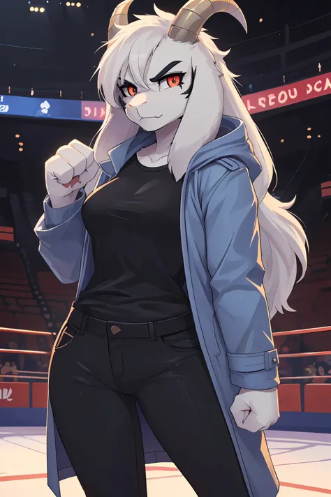 woman, young adult, alone, in an arena, hairy, goat, anthropomorphic goat, Asriel, Undertale ((Asriel Dreemurr)), average breasts, big ass, average hips, perfect body, tall, ((long hair, long white hair ), black eyes ((black sclerae), reddish pupils, ((sli...
