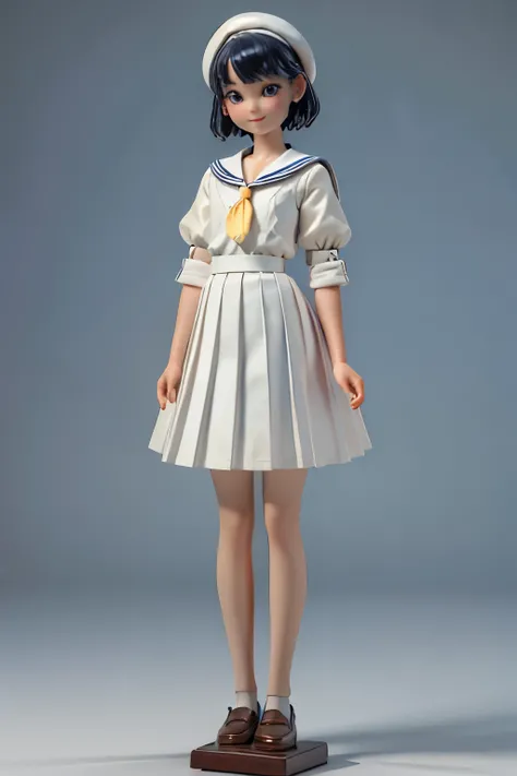 (Porcelain Doll)、(Ceramic figure)、(One girl、high school student)、(natural standing posture)、(Show your whole body)、(Smaller head:1.2)、Detailed facial depiction、A kind smile、Short Hair、White Beret、(White Sailor Suit Dress)、Navy blue sailor collar、(White lon...