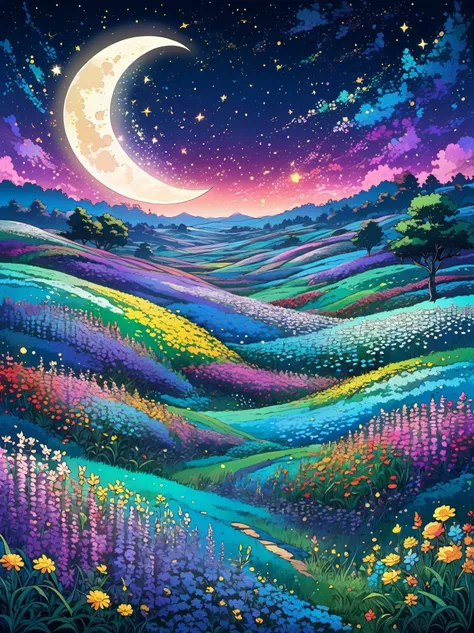 Classic anime style image of a field of flowers of different types and many colors. On a star-filled night, the crescent moon magically illuminates the scene.. Super detailed image of very high quality. Very vivid saturated colors. More realistic interpret...