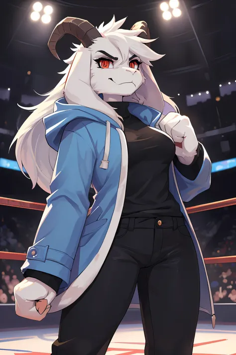 woman, young adult, alone, in an arena, hairy, goat, anthropomorphic goat, Asriel, Undertale ((Asriel Dreemurr)), average breasts, big ass, average hips, perfect body, tall, ((long hair, long white hair ), black eyes ((black sclerae), reddish pupils, ((sli...
