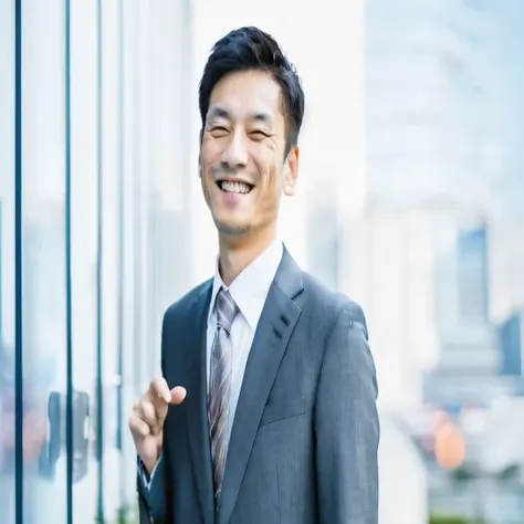 smiling asian man in suit and tie standing in front of a building, outdoor business portrait, smiling man, professional profile ...