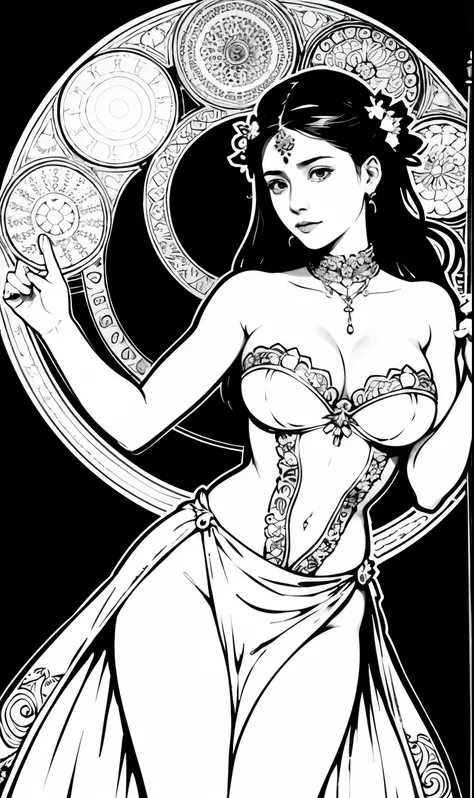 Pursuing their dreams, Coloring Book Page Line Art, All-white background, whole body，barefoot，（（Use only contours, Line Art, Coloring Book, Clean Line Art））, Open long skirt，Charming and fit curves（(Large Breasts)），Mandala，wreath，Black and White Print Art,...