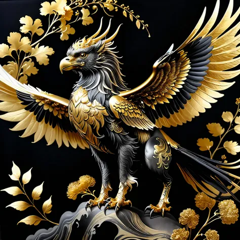 ,gold leaf art, makie, gold ink art, 
four-legged fantasy creature, beautifully intricate ((griffin)) delicately drawn with a br...