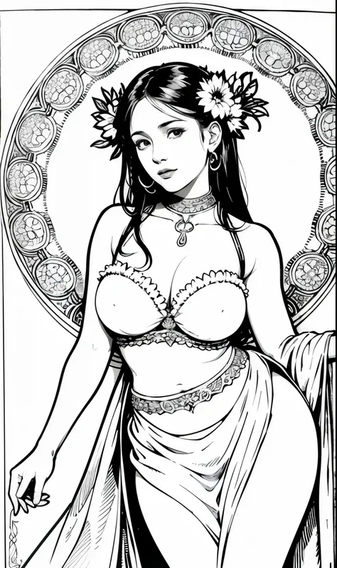 Pursuing their dreams, Coloring Book Page Line Art, All-white background, whole body，barefoot，（（Use only contours, Line Art, Coloring Book, Clean Line Art））, Open long skirt，Charming and fit curves（(Large Breasts)），Mandala，wreath，Anti-counterfeiting textur...