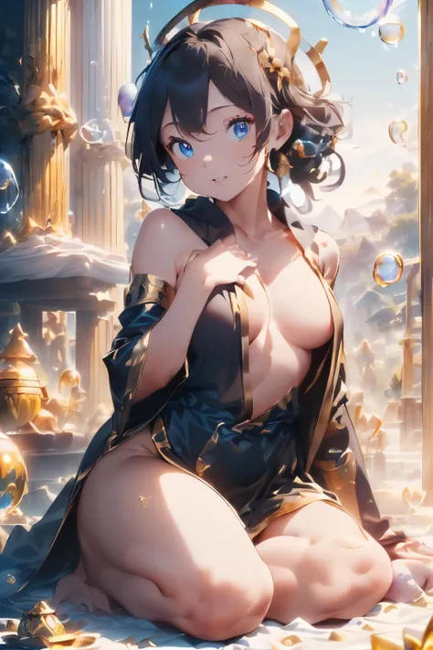 ((best quality)), ((amazing)), (details), ((tara)), ((tara)), ((golden lotus 1 ((Picking)), Bodhisattva Tara, Goddess, Full Body, Sunrise, Ultra-Realistic, Stunning Environment, Bright Colors, ((Half Body Black Robe)), ((Medium Bust)), Shiny Hair, Girl, ((...