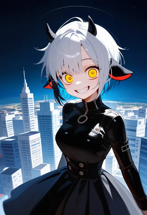 black and white bicolor hair, ,Asymmetrical hair, short hair,Crazy eyed woman。Yellow Eyes, Grin。Black boots。Black latex long skirt。Black Shirt。Armed。Goat ears,Lonely。Dark atmosphere。Skyscrapers stretch to the horizon。Angle from above。Extremely beautiful ci...