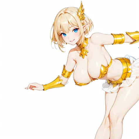 Highest quality、Very detailed、High resolution、１６ｋ、Thin contours、耳の長いElf、Nipples are visible、Shining golden armor、Gold bikini armor、Very large breasts、Extremely transparent skirt、Wearing black pants、chest proportion、Smile of the Goddess、Very white skin、Beau...