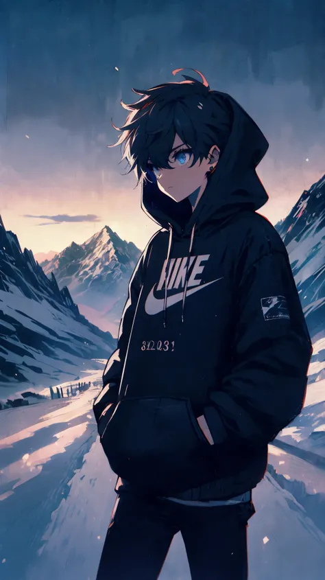 (high quality), (masterpiece), (detailed), 8K, (Snowy mountain landscape1.3) at twilight, (character in black Nike hoodie1.3) stands on snowy path with (distant peaks1.2) and darkening sky. Snow reflects (last light of day1.3), tranquil, cold atmosphere, (...