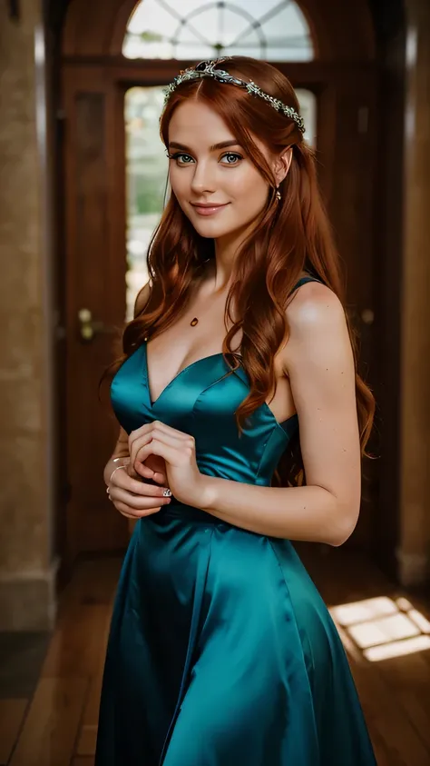 Realistic full body photo of a smiling, Young red-haired girl with long hair, She dances in front of the camera in a long A-line bridesmaid dress with jewel holders made of shiny blue satin., Park,glamour fotoshooting, Wedding celebration, perfect anatomy,...