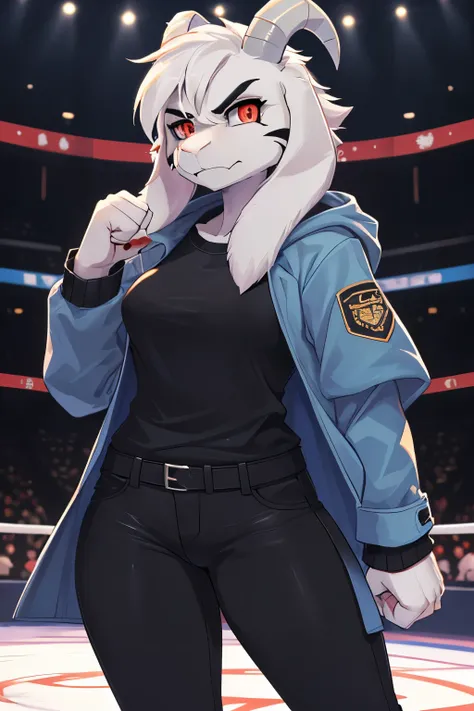 woman, young adult, alone, in an arena, hairy, goat, anthropomorphic goat, Asriel, Undertale ((Asriel Dreemurr)), average breasts, big ass, average hips, perfect body, tall, ((long hair, long white hair ), black eyes ((black sclerae), reddish pupils, ((sli...