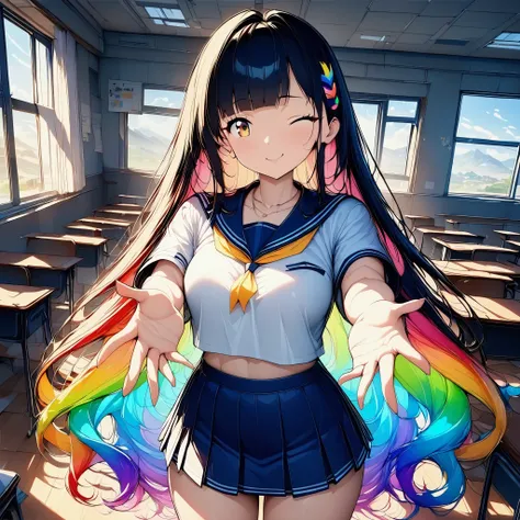 (((anime))) A woman winking,Cutesy,student,Short,Long Hair,Fluffy long hair,(Rainbow Hair),Oblique bangs,necklace,Yellow Eyes,Big eyes Sailor suit,mini skirt,classroom,Light pours in through the window,sunlight,masterpiece,Highest quality,Exquisite,8k,Absu...