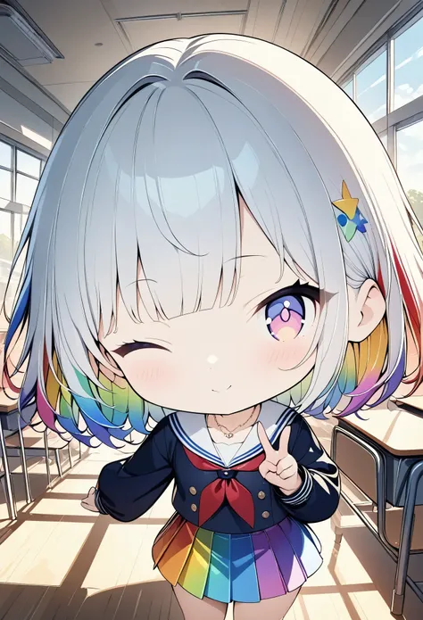 (((anime))) a woman winking peace sign,chibi,short hair,messy short bob,(rainbow hair),oblique bangs,one eye is hidden,blushing,...