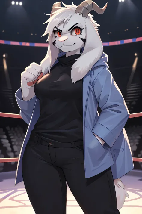 woman, young adult, alone, in an arena, hairy, goat, anthropomorphic goat, Asriel, Undertale ((Asriel Dreemurr)), average breasts, big ass, average hips, perfect body, tall, ((long hair, long white hair ), black eyes ((black sclerae), reddish pupils, ((sli...