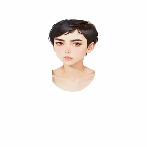 a close up of a person with a short hair and a white background, androgynous face, with short hair, boy has short black hair, androgynous person, south east asian with round face, short brown hair and large eyes, pixie cut, portrait androgynous girl, boy t...